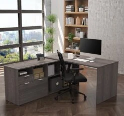 Stunning L-Shaped Bark Gray Office Desk With Storage