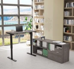 Bark Gray Adjustable Height Office Desk With Matching Credenza