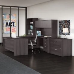 Storm Gray U-shaped Desk With Hutch & Included Lateral File, Mobile File, & Bookcase