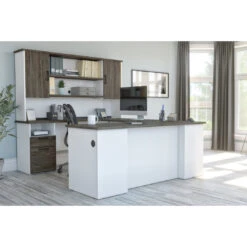 White & Walnut Gray Modern U-shaped Desk With Hutch