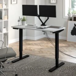 48" Adjustable Desk With Twin Monitor Support In White & Black