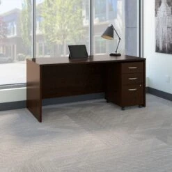 66" Modern Office Desk With Mobile Pedestal In Mocha Cherry
