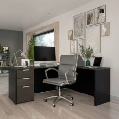 Deep Gray & Black L-shaped Modern Desk With Single Pedestal
