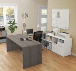 Modern U-Shaped Desk With Integrated Storage In Bark Gray & White
