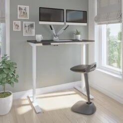 48" Black & White Adjustable Desk With Dual Monitor Arms