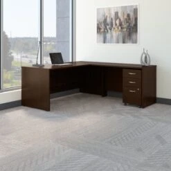 72" L-shaped Desk With 3-Drawer Mobile Pedestal In Mocha Cherry