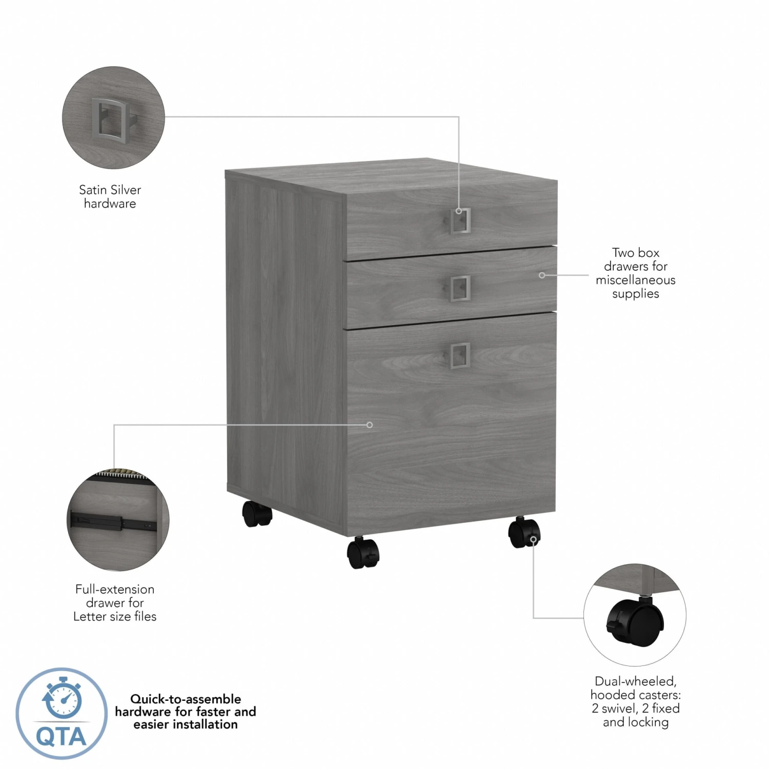 16" Mobile 3-Drawer File Cabinet In Modern Gray Finish 5 16" Mobile 3-Drawer File Cabinet In Modern Gray Finish - Image 5
