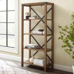 Walker Edison 64" Rustic Oak Bookcase With X-Framing