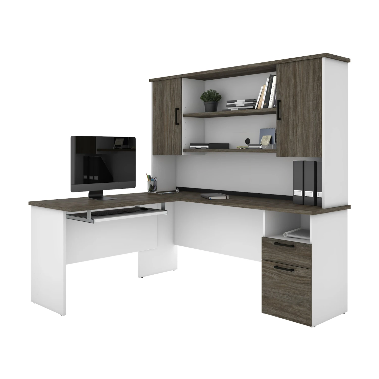 White & Walnut Gray Modern L-shaped Desk With Hutch 2 White & Walnut Gray Modern L-shaped Desk With Hutch - Image 2