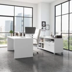 Modern White U-shaped Desk With Built-in Storage