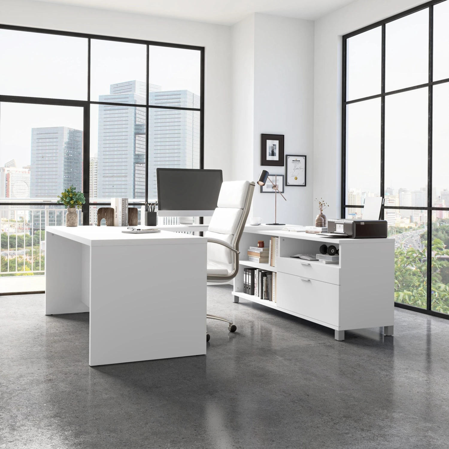 Modern White U-shaped Desk With Built-in Storage 1 Modern White U-shaped Desk With Built-in Storage