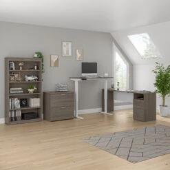 72" L-Shaped Adjustable 3-Piece Desk Set In Bark Gray And White