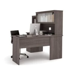 Modern Bark Gray L-shaped Desk And Hutch With Frosted Glass Doors -Home Decor Shop 88420 47 fond blanc 2