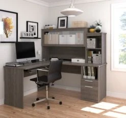 Modern Bark Gray L-shaped Desk And Hutch With Frosted Glass Doors