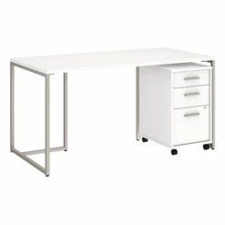 60" Modern Office Desk With 3-Drawer Mobile File Cabinet In White