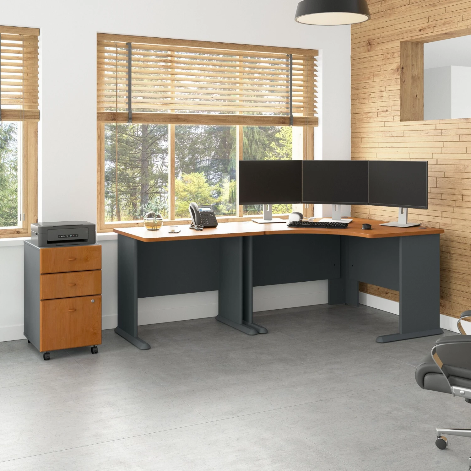 48" Corner Office Desk With Return And Mobile Pedestal In Natural Cherry/Slate 2 48" Corner Office Desk With Return And Mobile Pedestal In Natural Cherry/Slate - Image 2