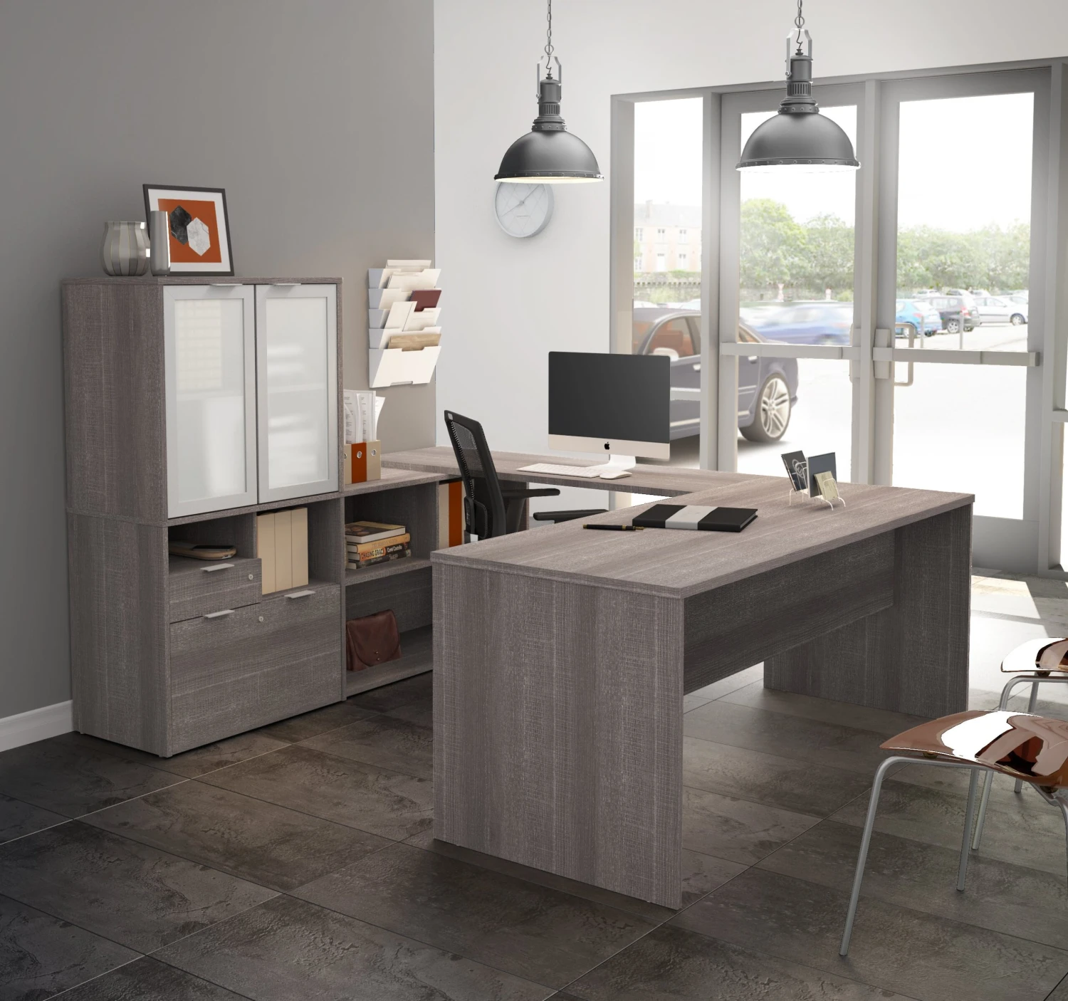 71" X 88" U-Shaped Desk In Bark Gray With Frosted Hutch 1 71" X 88" U-Shaped Desk In Bark Gray With Frosted Hutch