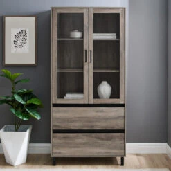 Walker Edison 68" Classic Glass Door Bookcase In Gray Woodgrain