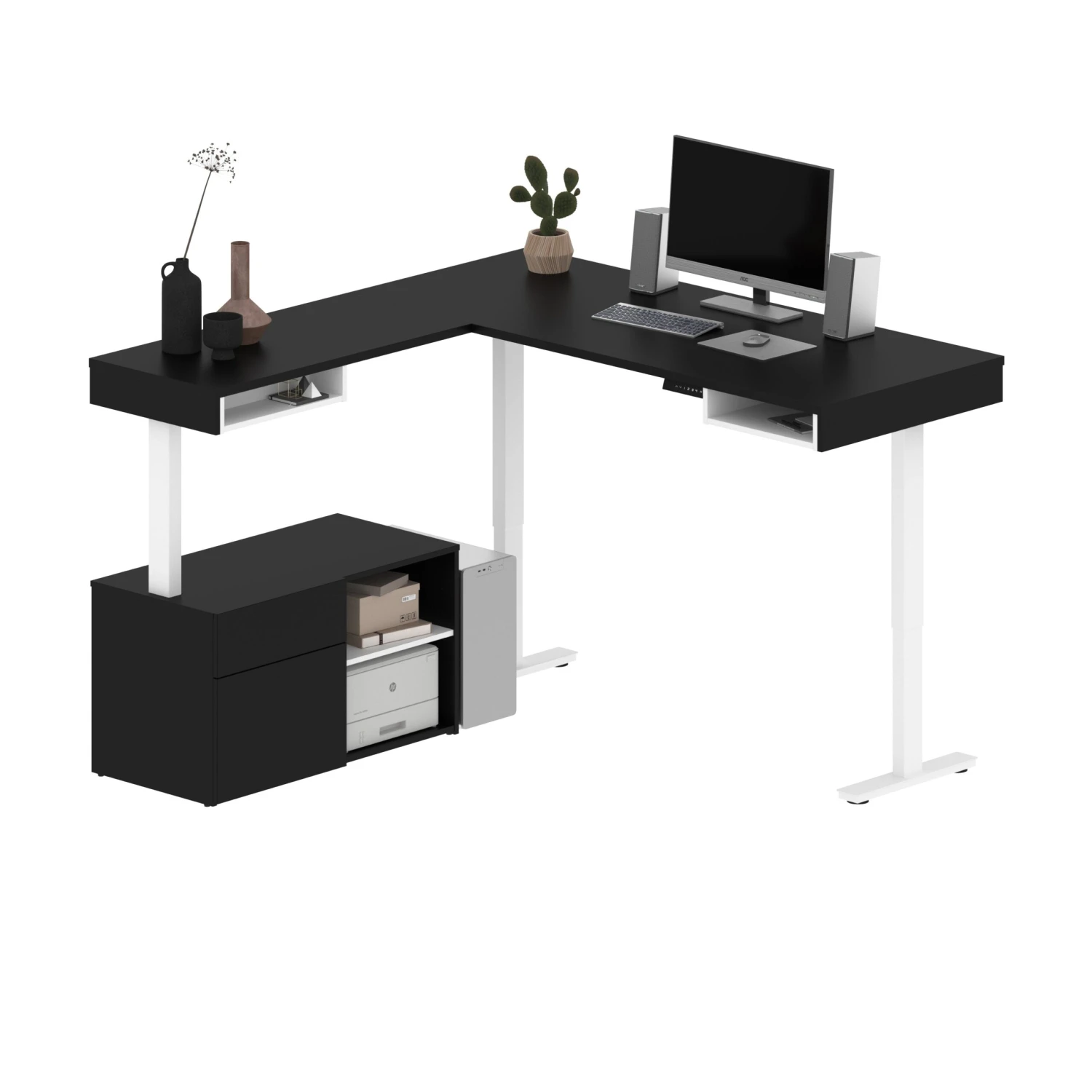 72" L-Shaped Adjustable Ergonomic Desk With Small Credenza In Black & White 3 72" L-Shaped Adjustable Ergonomic Desk With Small Credenza In Black & White - Image 3