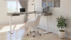71" Adjustable Walnut Gray And White L-Shaped Standing Desk