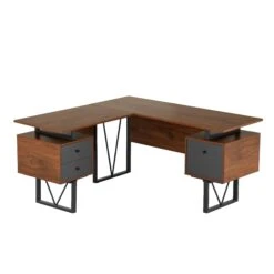 59" L-Shaped Floating Desk With 2 File Cabinets In Walnut -Home Decor Shop ARSrVpg