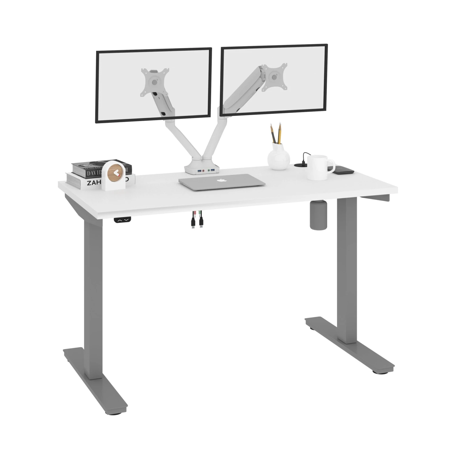 48" Twin Monitor Adjustable Desk In White/Gray 2 48" Twin Monitor Adjustable Desk In White/Gray - Image 2