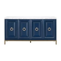 Star 71" Carrera Marble & Navy Storage Credenza With Brushed Gold Accents