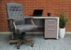 Boss Elegant Slate Gray Linen & Driftwood Button-Tufted Office Chair