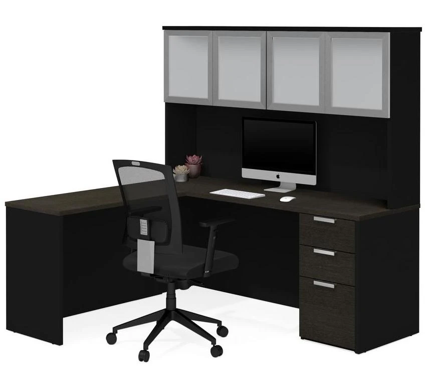 71" X 62" L-Shaped Desk With Hutch In Deep Gray And Black 2 71" X 62" L-Shaped Desk With Hutch In Deep Gray And Black - Image 2