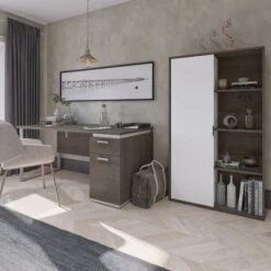 66" Bark Gray And White Desk Set With Large Cabinet