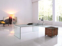 Ultra Chic Glass L-shaped Desk With Included Walnut Cabinet