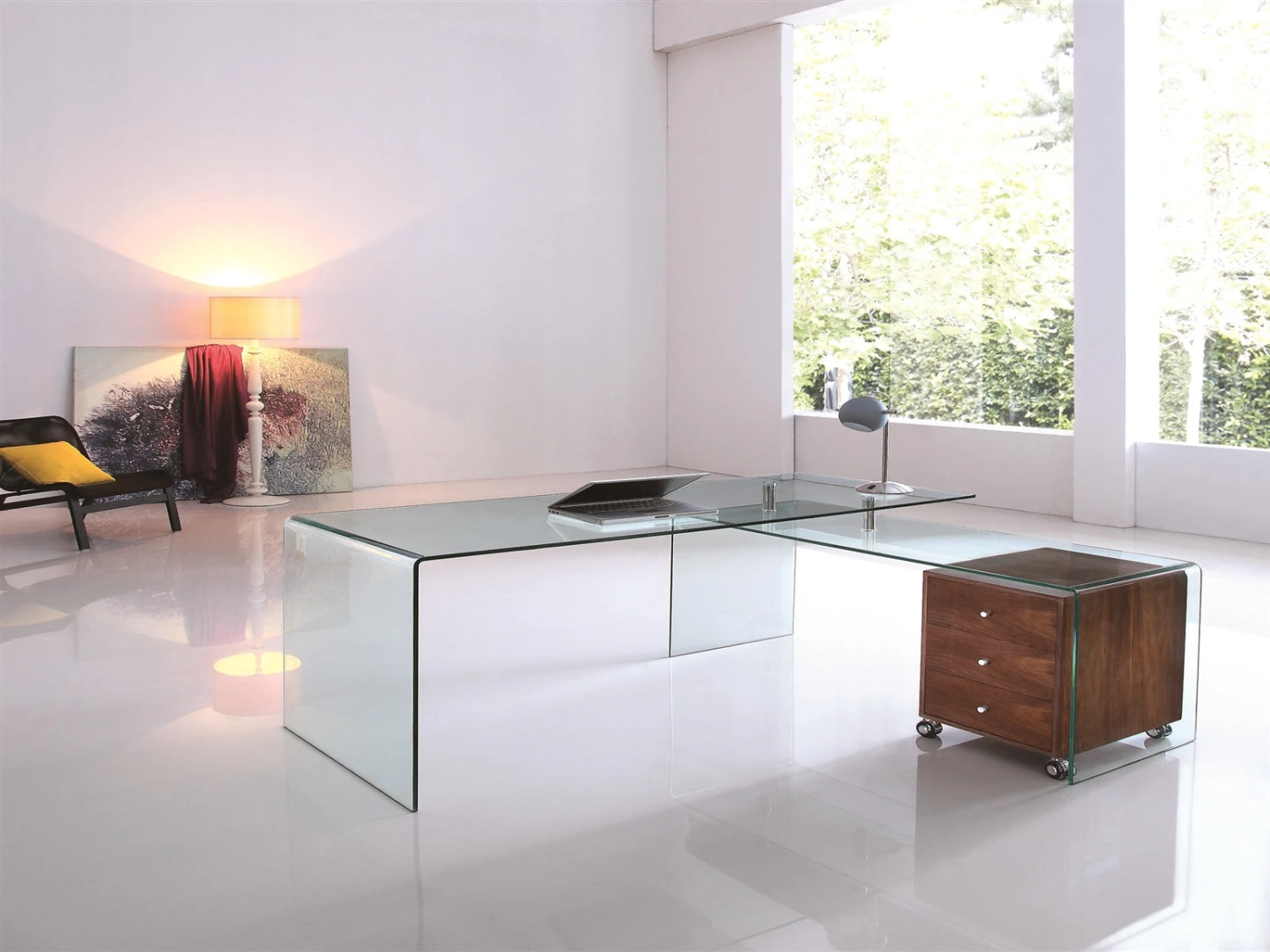 Ultra Chic Glass L-shaped Desk With Included Walnut Cabinet 1 Ultra Chic Glass L-shaped Desk With Included Walnut Cabinet