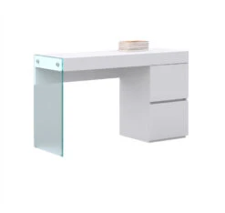 Modern High Gloss White Lacquer Office Desk With Glass Leg