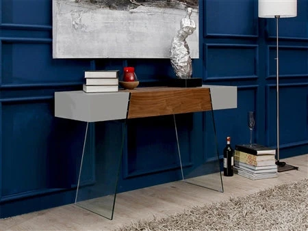 47" Blocky Gray & Walnut Console Desk W/ Glass Legs 2 47" Blocky Gray & Walnut Console Desk W/ Glass Legs - Image 2