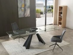 63"-95" Glass & Black Metal Conference Table Or Executive Desk With Unique Legs