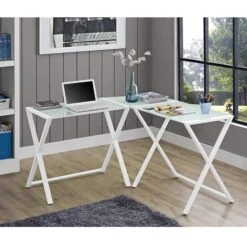 Walker Edison Modern X-frame White Glass & Steel L-shaped Office Desk
