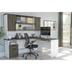 White & Walnut Gray Modern L-shaped Desk With Hutch