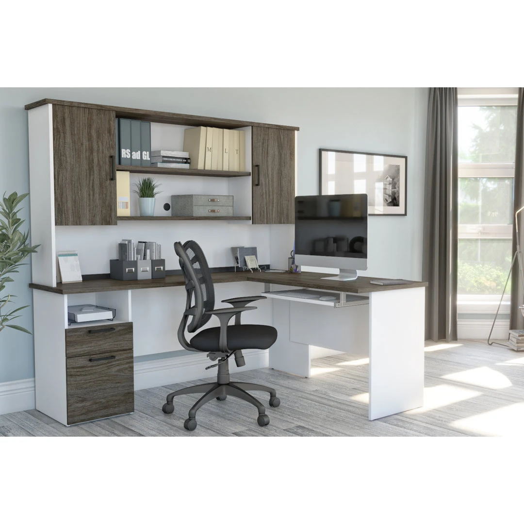 White & Walnut Gray Modern L-shaped Desk With Hutch 1 White & Walnut Gray Modern L-shaped Desk With Hutch