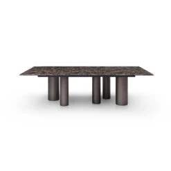 108" High-Gloss Brown Marble Conference Table With Bronze Legs