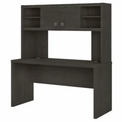 Modern 60" Office Desk With Hutch In Charcoal Maple
