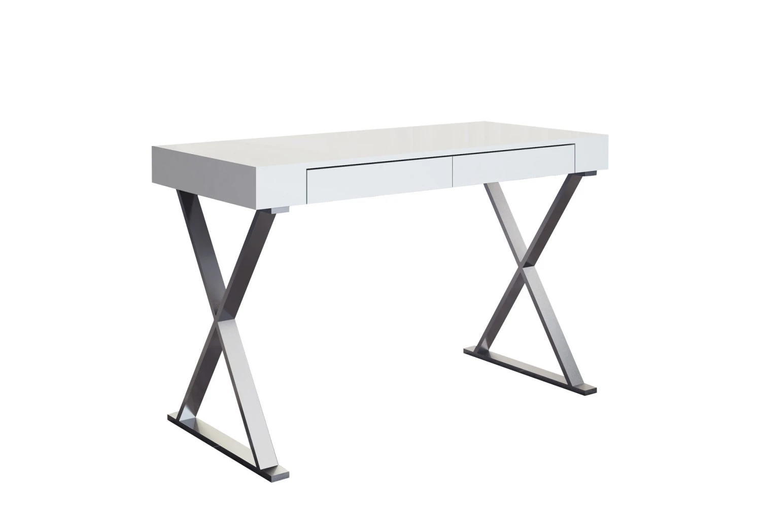 47" White Lacquer & Stainless X-Frame Desk With Drawers 1 47" White Lacquer & Stainless X-Frame Desk With Drawers