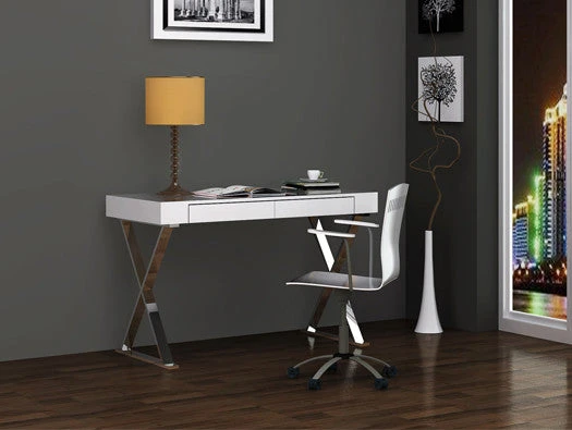 47" White Lacquer & Stainless X-Frame Desk With Drawers 2 47" White Lacquer & Stainless X-Frame Desk With Drawers - Image 2