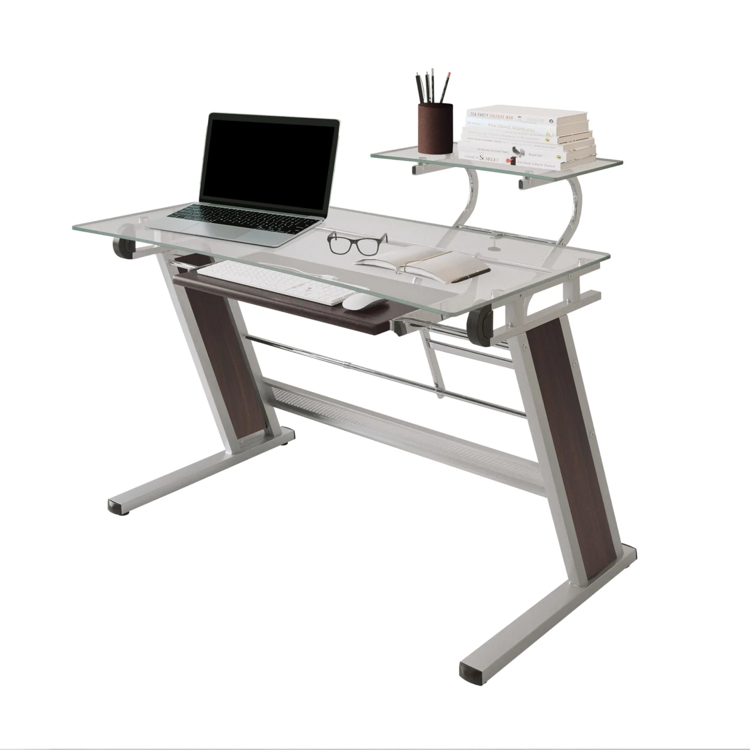 43" Cantilevered Glass-top Desk With Silver/Walnut Frame 2 43" Cantilevered Glass-top Desk With Silver/Walnut Frame - Image 2