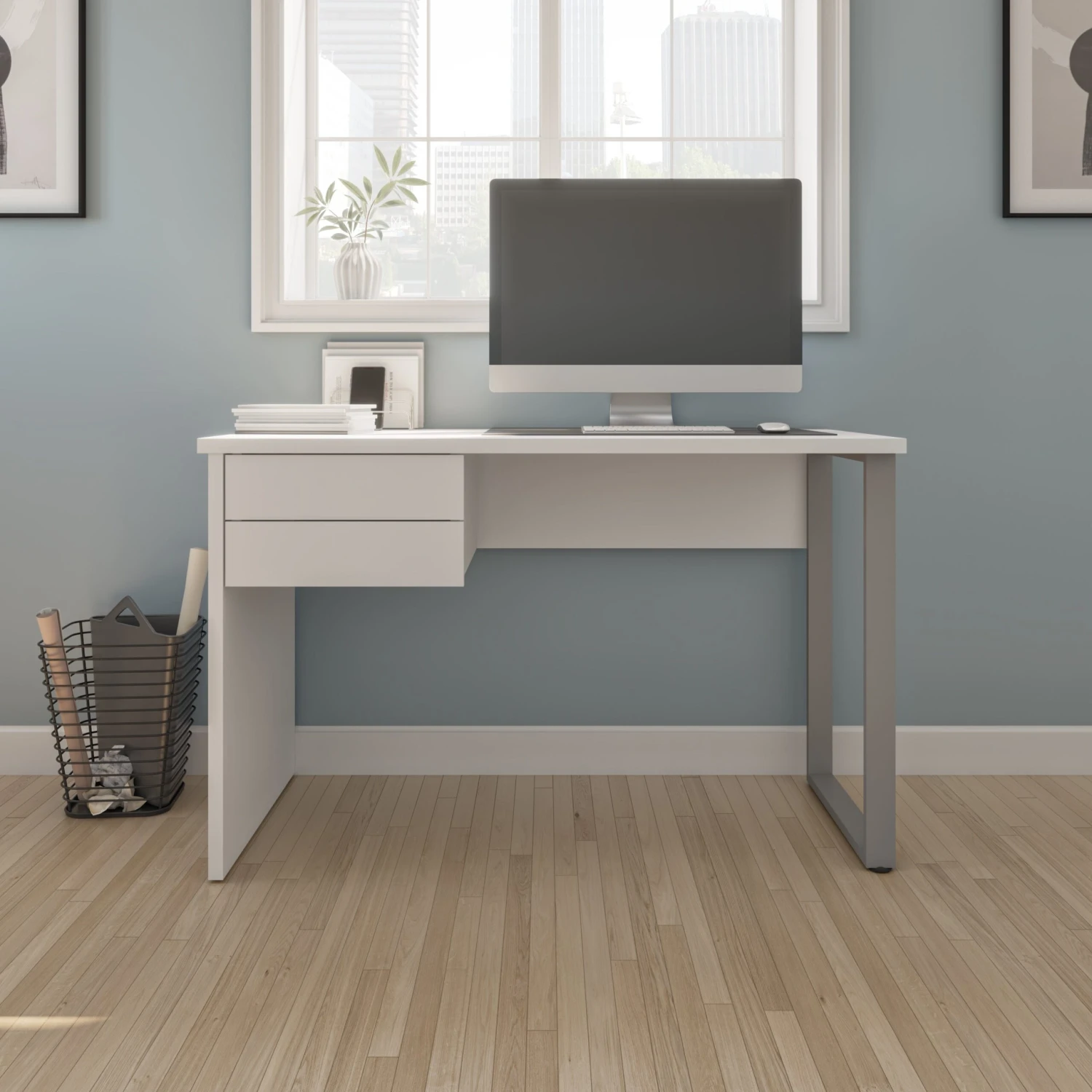 47" Refined Office Desk In White With U-Shaped Metal Leg 1 47" Refined Office Desk In White With U-Shaped Metal Leg