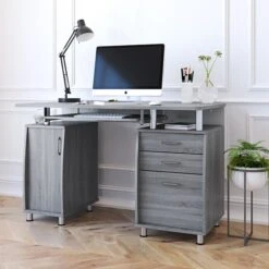 48" Gray Woodgrain Desk With Curved Cabinets