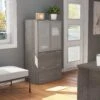 Bark Gray File Cabinet With Hutch And Frosted Glass Doors