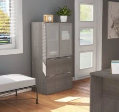 Bark Gray File Cabinet With Hutch And Frosted Glass Doors