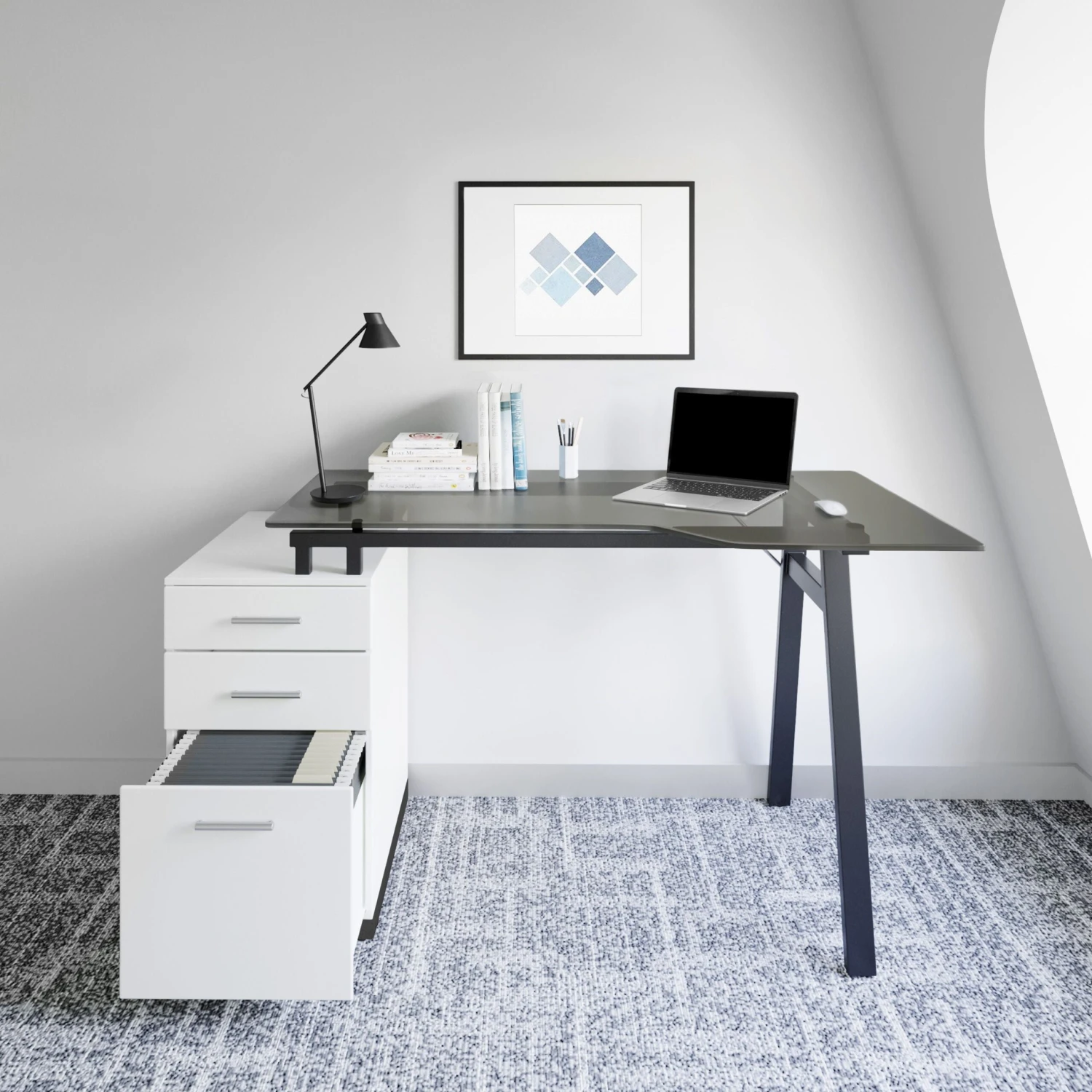 60" White & Glass Desk With Built-in File 1 60" White & Glass Desk With Built-in File