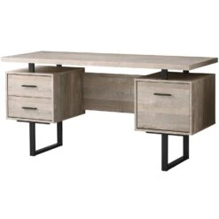 Trendy Taupe Wood Grain Office Desk W/ Black Metal Accents