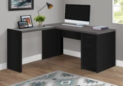 60" Gray & Black L-Shaped Desk With Glass Arm
